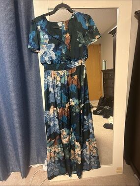 Nicole Miller satin Floral Maxi Dress with Elastic Waist - Blue & Brown